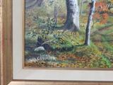 a painting of a forest scene with trees and leaves