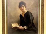 painting of a woman reading a book in a black dress