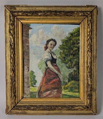 an oil painting of a woman in a red dress in a gold frame