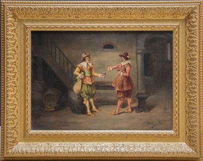 une image représentant un tableau où l'on voit deux hommes se serrant la main devant un escalier