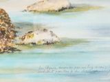 a painting of rocks in a body of water