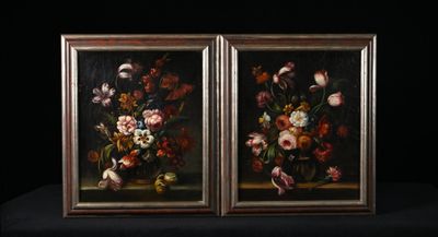 two paintings of flowers in a vase on a table