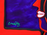 purple and red painting of a woman ' s face with her mouth open