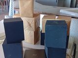 a table with a bunch of boxes on top of it