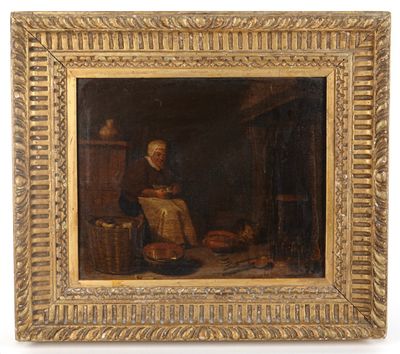 un vieux tableau représentant un homme assis sur une chaise avec un chien