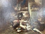 a painting of a group of cats and chickens in a barn