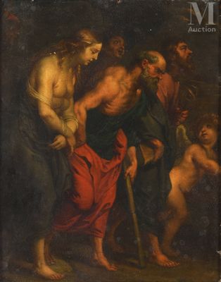 a painting of a group of people standing around a man holding a stick