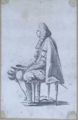 un vieux dessin représentant un homme assis sur une chaise, coiffé d'un chapeau