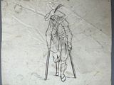 an old drawing of a man with crutches on a piece of paper