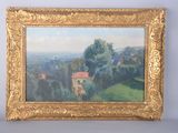 tableau représentant un paysage avec une maison et des arbres, dans un cadre doré