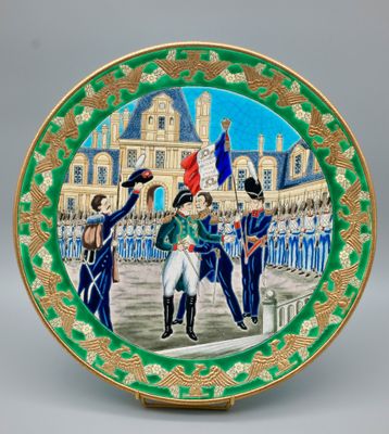 a close up of a plate with a painting on it