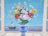 a painting of a vase of flowers in front of a window