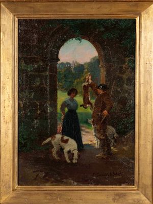 une image représentant un tableau où l'on voit une femme avec un chien et un cheval