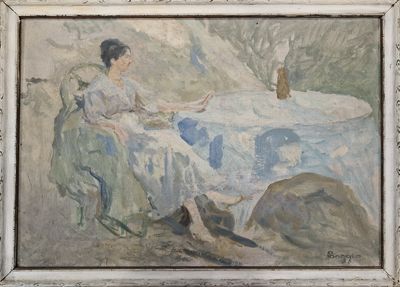 painting of a woman sitting at a table with a bottle of wine in front of her