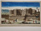 une vieille photo d'un château avec des gens qui s'y promènent