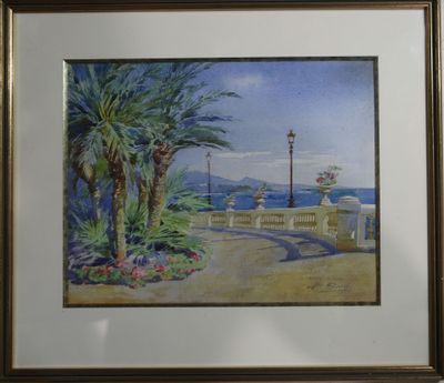 tableau représentant une vue de plage avec des palmiers et un lampadaire