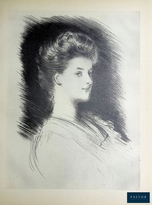 portrait of a woman in profile in a black and white drawing