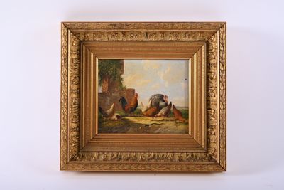 an oil painting of a couple of chickens in a field
