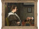painting of a man and a woman playing chess in a room