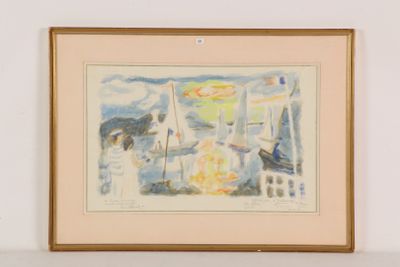 framed watercolor painting of sailboats in a harbor scene