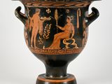 a black and red vase with a man and a woman on it