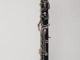 a black and silver clarinet that is on display