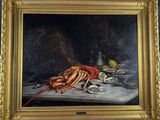 an oil painting of a lobster on a table with oysters and lemons