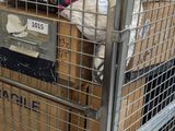a metal cart with boxes and boxes on top of it