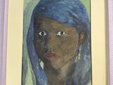 painting of a woman with a blue turban in a white frame