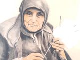painting of an old woman knitting a piece of yarn