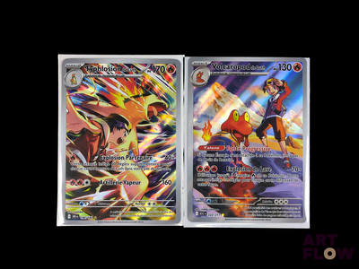 two pokemon cards are shown side by side on a black background