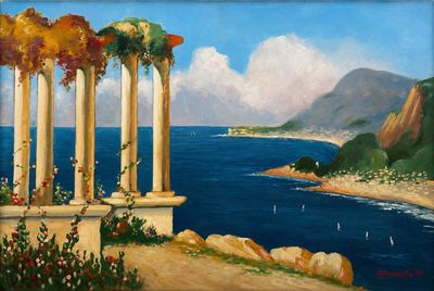 une peinture à l'huile représentant un belvédère donnant sur un plan d'eau