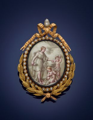 a gold and pearl broochee with a painting of a man and a woman