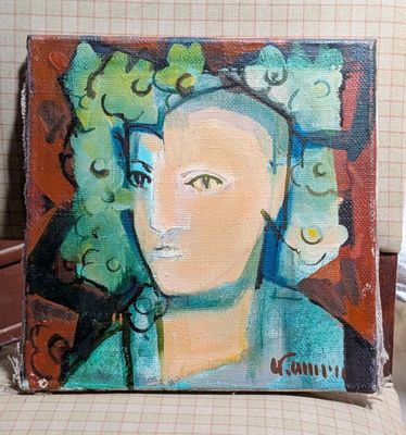 a painting of a woman sitting on a chair