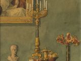tableau représentant une femme assise à une table, avec un vase de fleurs et un candélabre