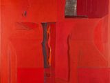 une image représentant un tableau d'une pièce rouge sur laquelle est posé un vase