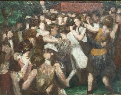 tableau représentant un groupe de personnes dansant dans une grande pièce