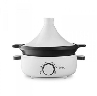 a close up of a white and black slow cooker on a white background