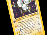 un gros plan d'une carte Pokémon sur laquelle figure l'image d'un robot