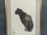 painting of a black cat sitting in front of a gray wall