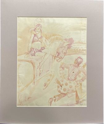 drawing of a woman riding a horse with a child on it