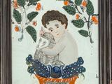 a picture of a painting of a boy holding a cat