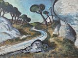 un tableau représentant une route traversant les montagnes