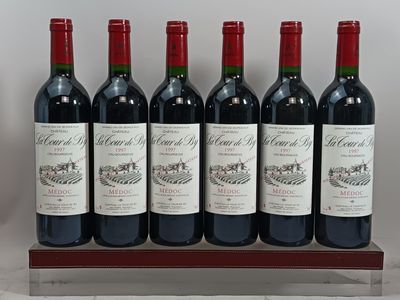 six bouteilles de vin rouge sont alignées
