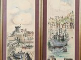 tableau représentant une scène de port avec des bateaux et des personnes assises sur le quai