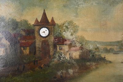 Tableau Horloge Huile sur toile figurant un clocher d'église…