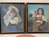 painting of two girls with flowers in their hair and a basket of flowers in her hair