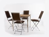 four chairs and a table set on a white background