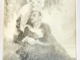 an old drawing of a woman holding a baby on top of a rock