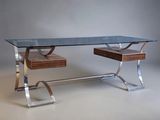 an image of a desk with a glass top and metal legs
